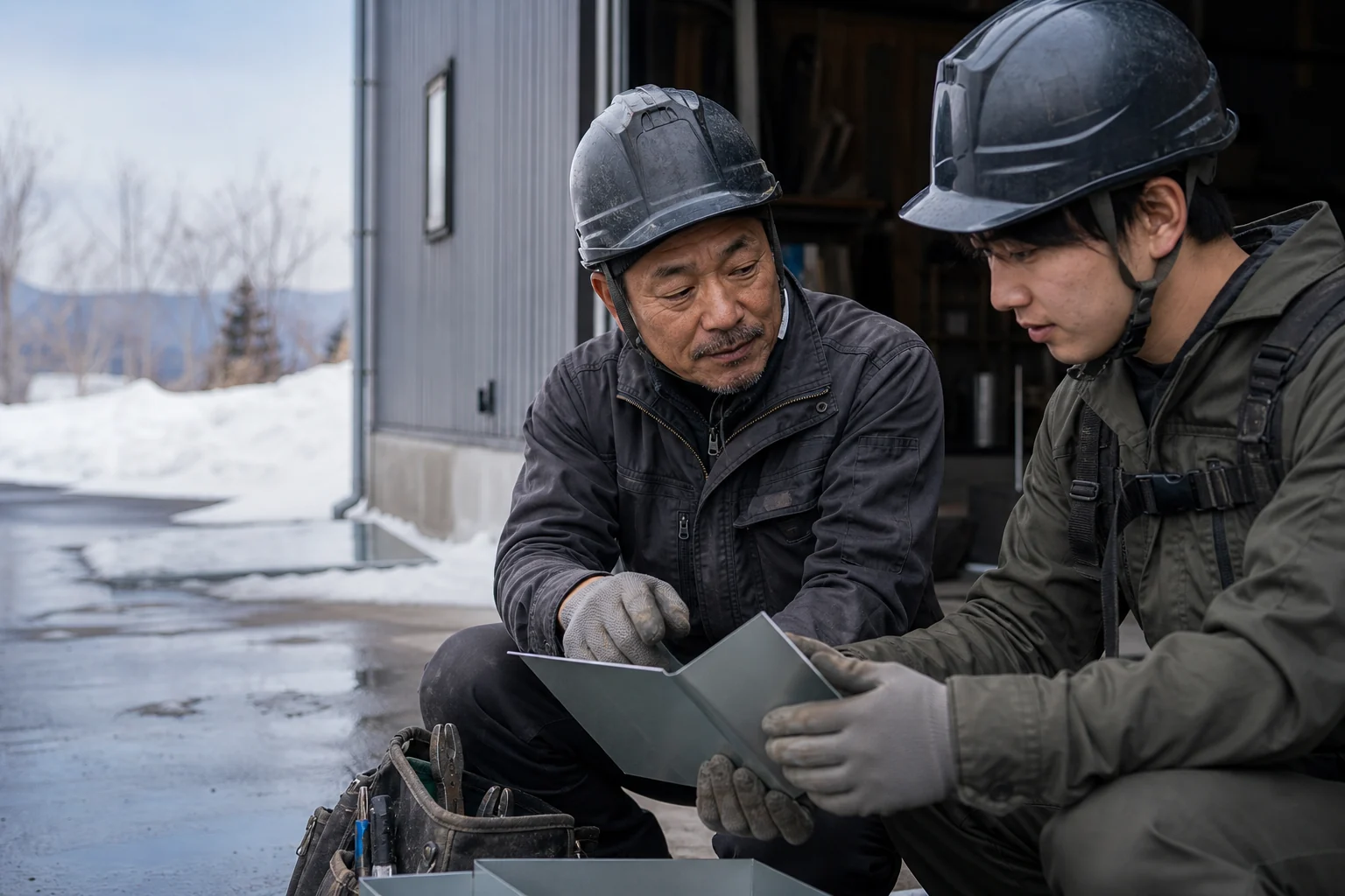 仲間と建築板金の仕事に取り組む様子のイメージ